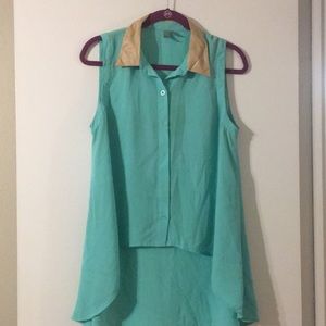 Teal high low sleeveless blouse